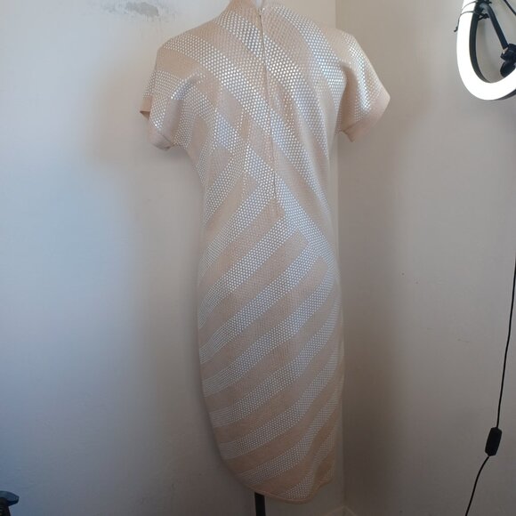 St John for Saks 5th Avenue Dress Tan White Paillette Detail Womens 10 - Picture 8 of 10